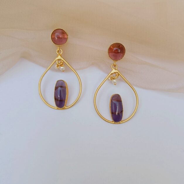 Gold Plated Purple Stone Designer Drop Earrings