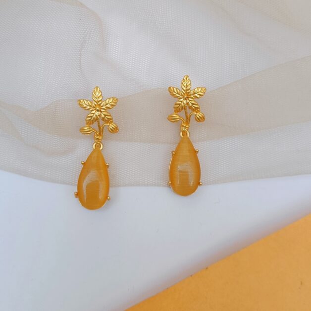 Gold Plated Brass Yellow Stone Flower Drop Earrings