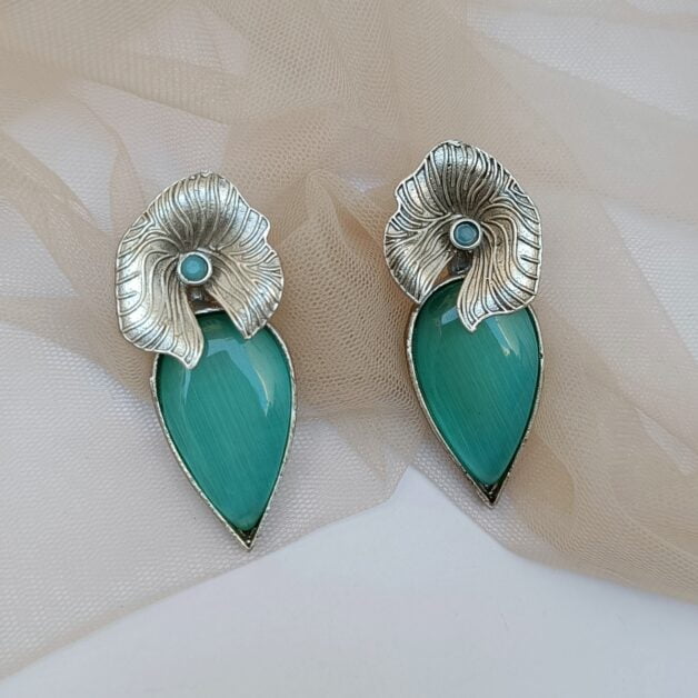 Silver Plated Brass Flower Shaped Sea Green Stone Dangler Earrings