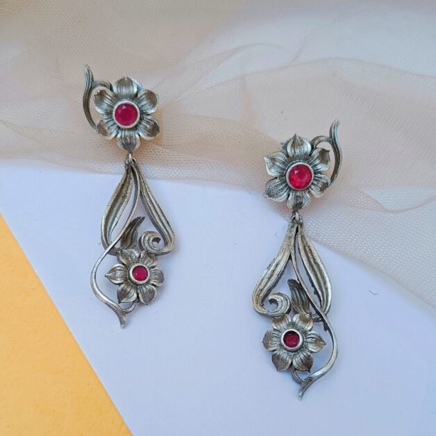 Silver Plated Pink Stone Designer Flower Earrings