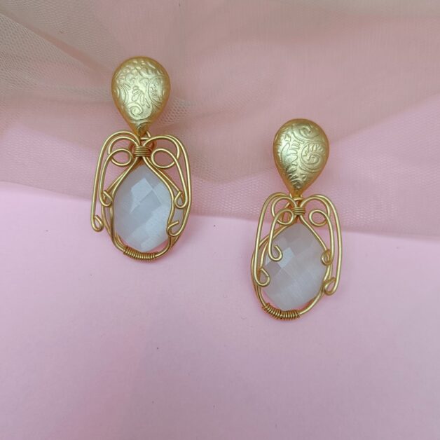 Gold Plated White Stone Designer Drop Earrings