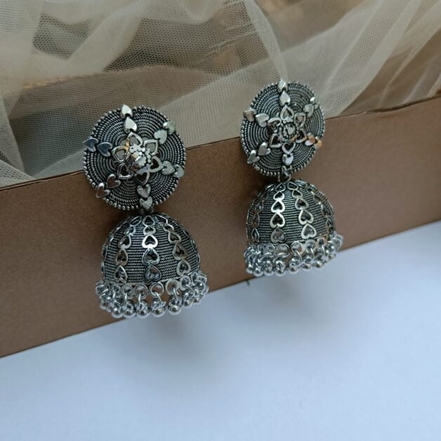 Silver Plated Oxidised Circular Jhumka Earrings