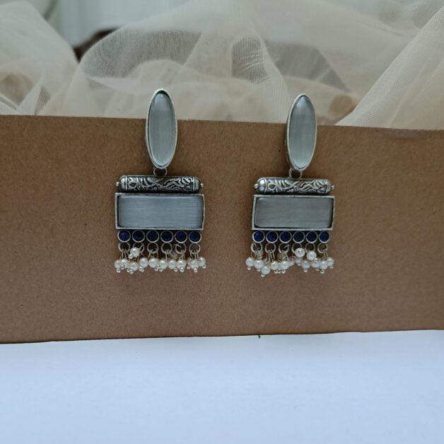 Silver Plated White Stone Designer Dangler Earrings