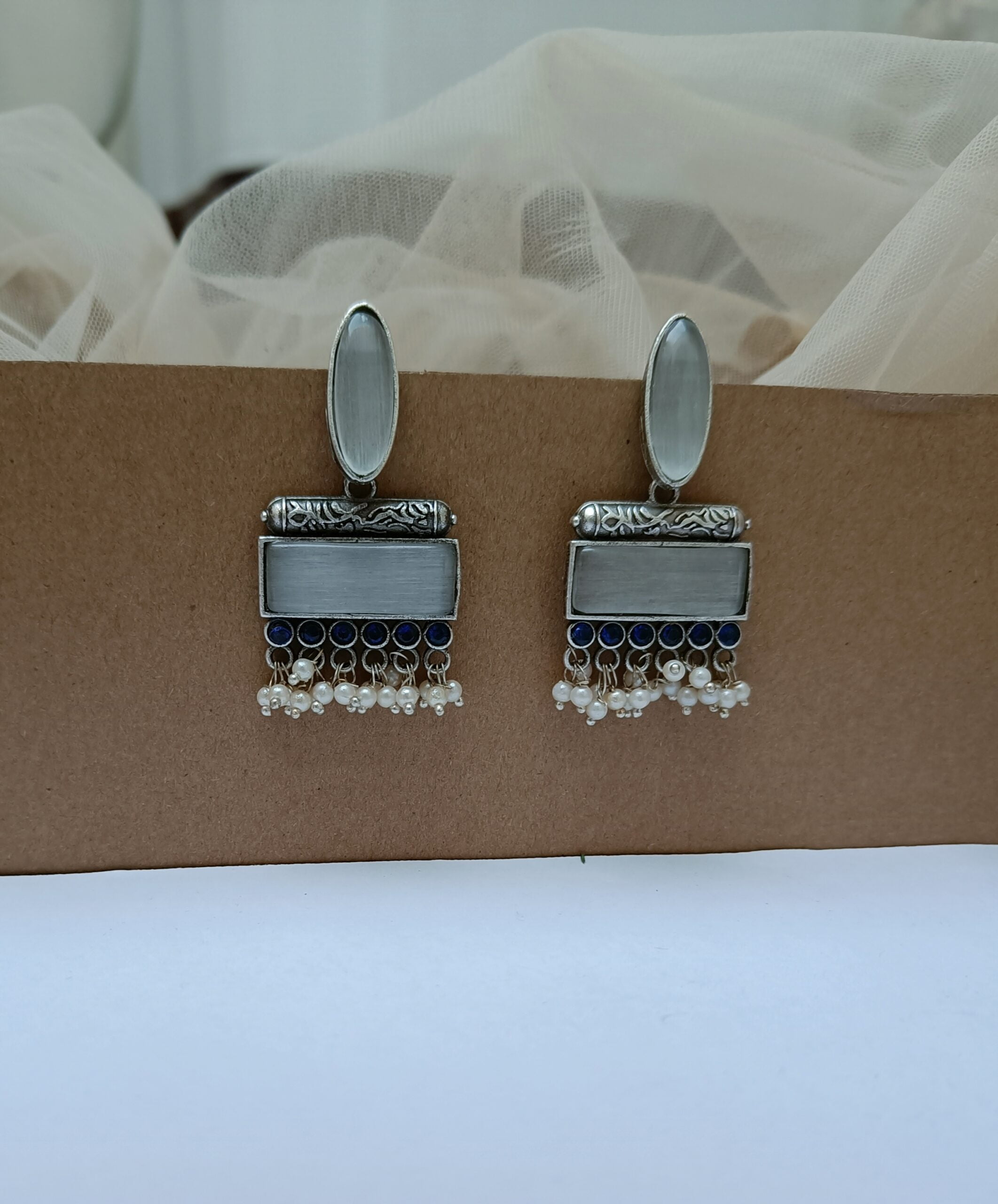 Silver Plated White Stone Designer Dangler Earrings