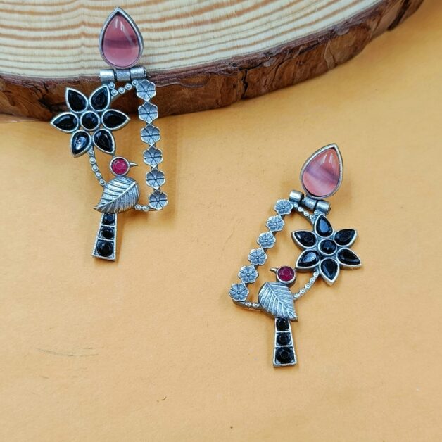 Silver Plated Designer Stone Bird Earrings