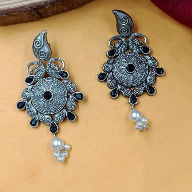 Silver Plated Black Stone Traditional Earrings