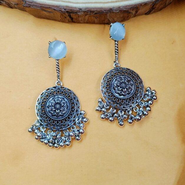 Silver Plated Oxidised Stone Earrings