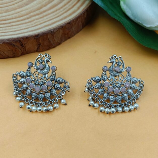 Silver Plated Peacock Pink Stone Earrings