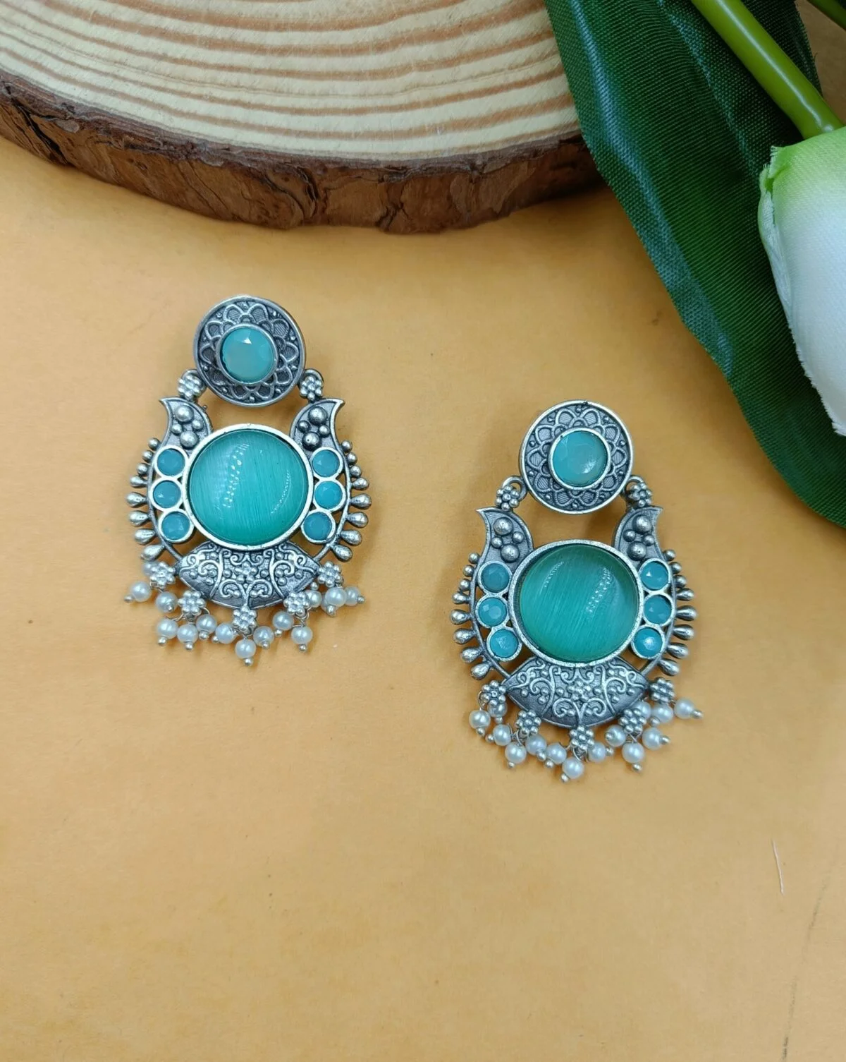 Silver Plated Sea Green Stone Traditional Earrings