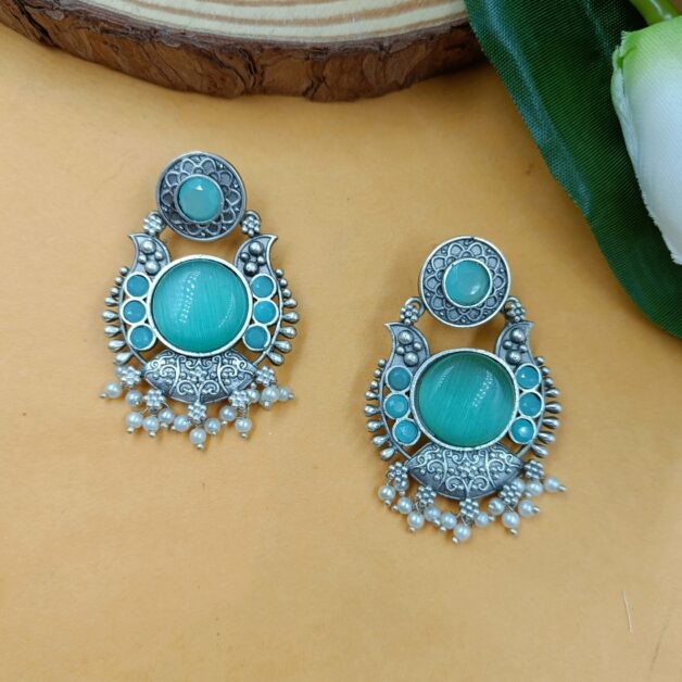 Silver Plated Sea Green Stone Traditional Earrings