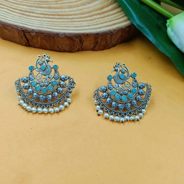Silver Plated Peacock Sea Green Stone Earrings