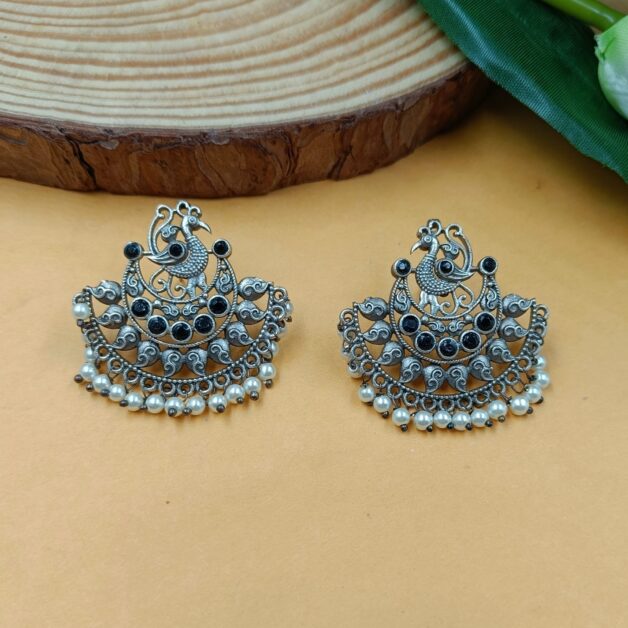 Silver Plated Peacock Black Stone Earrings