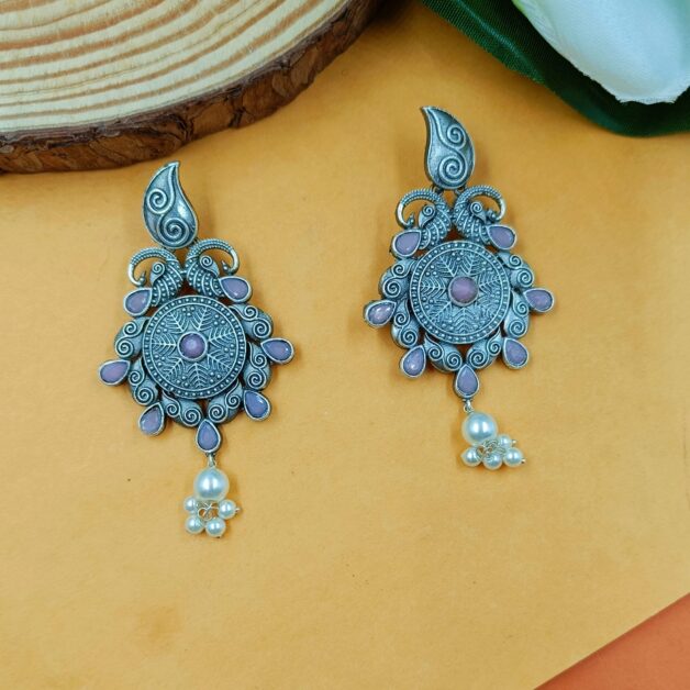 Silver Plated Pink Stone Traditional Earrings