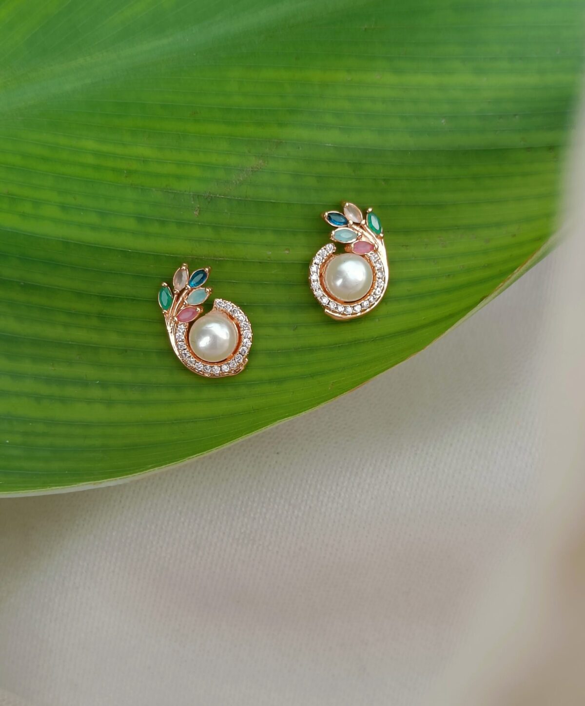 FHF Rose Gold Plated American Diamond Designer Pearl Earrings