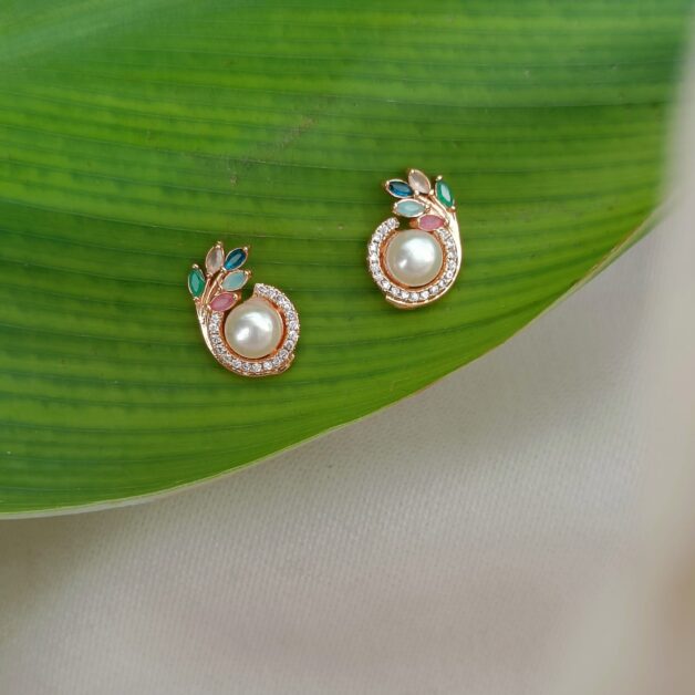 FHF Rose Gold Plated American Diamond Designer Pearl Earrings