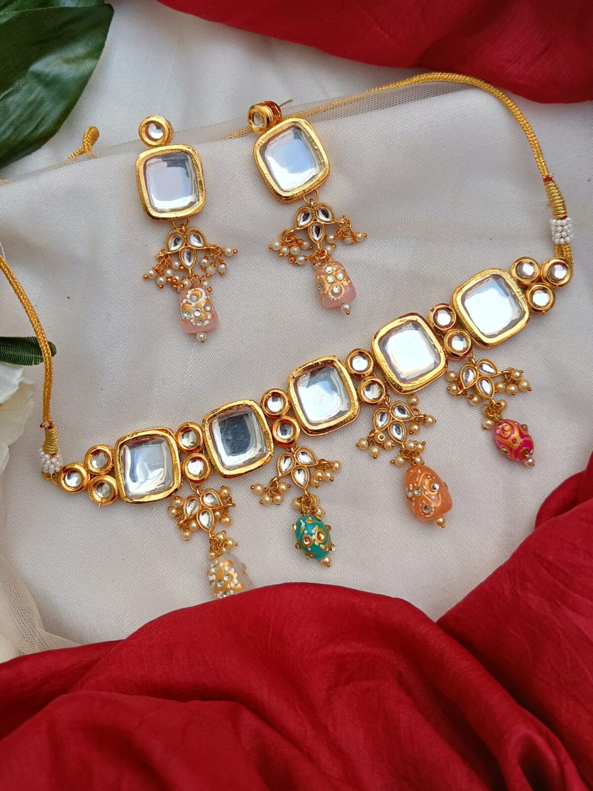 Gold Plated Multicolor Beads Kundan necklace Set