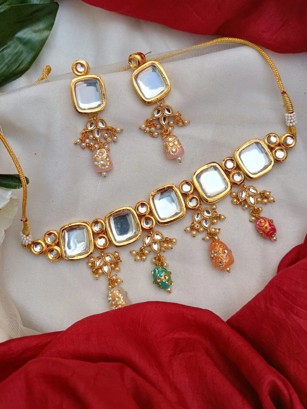 Gold Plated Multicolor Beads Kundan necklace Set