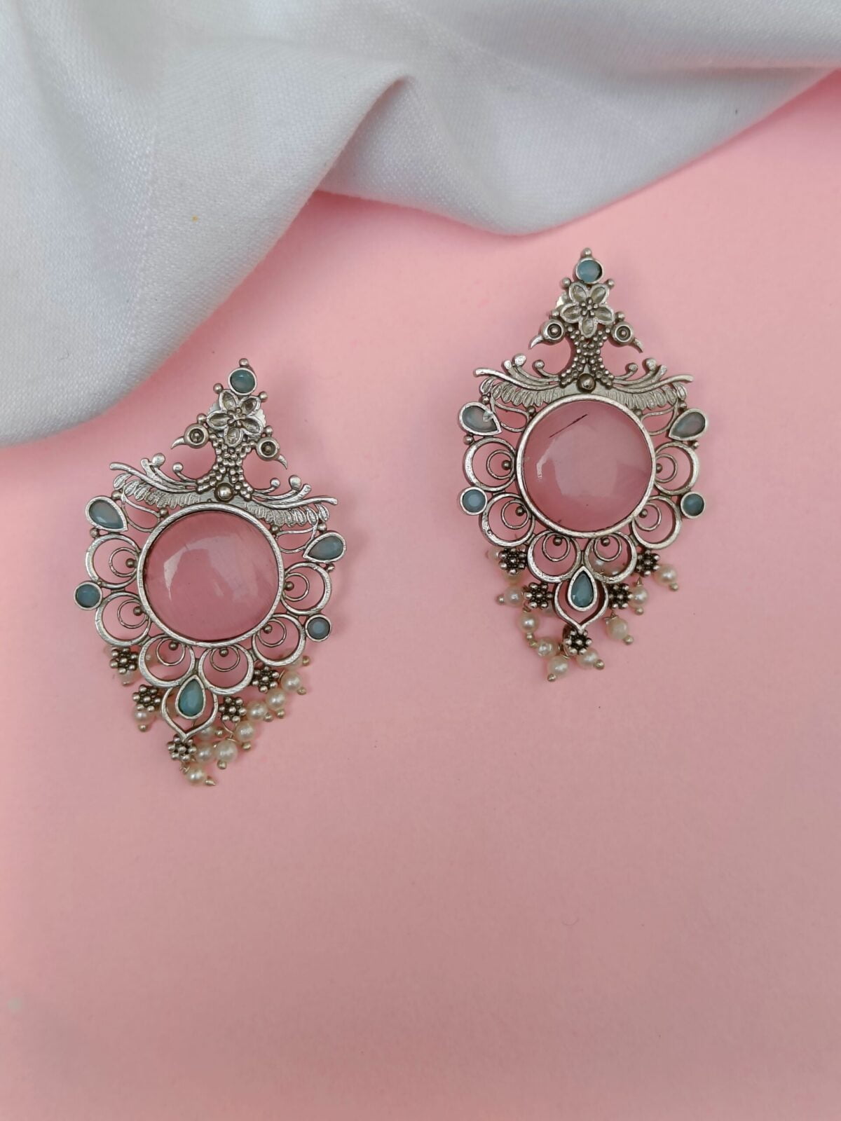 FHF Silver Plated Pink Stone Designer Traditional Earrings