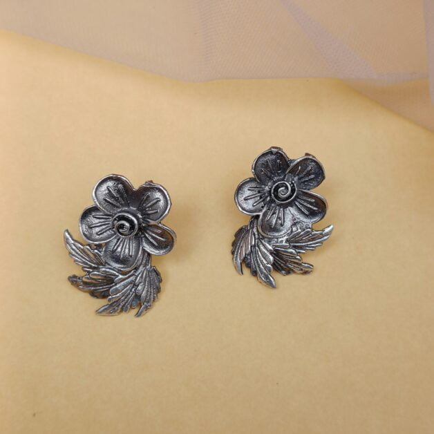 FHF Silver Plated Flower Leafy Stud Earrings