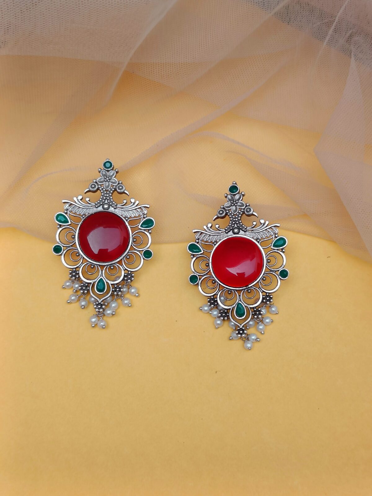 FHF Silver Plated Red Stone Designer Traditional Earrings