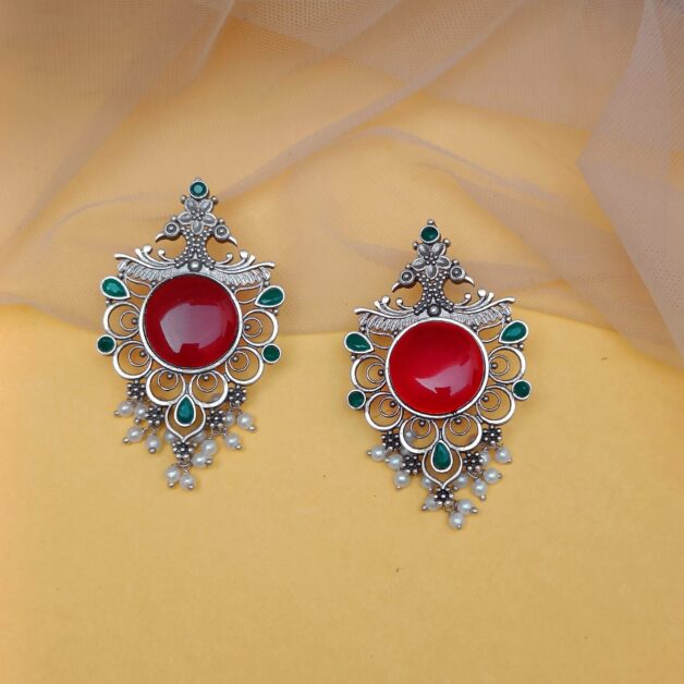 FHF Silver Plated Red Stone Designer Traditional Earrings