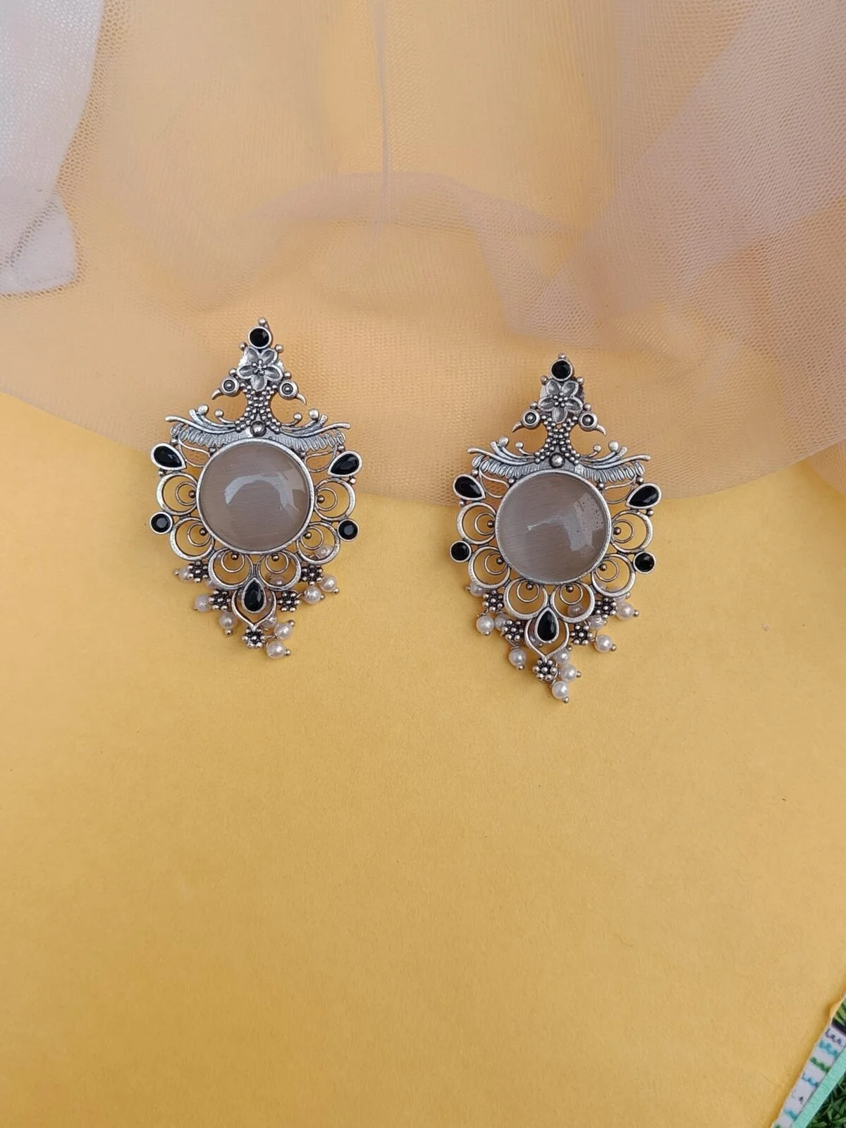 FHF Silver Plated Grey Stone Designer Traditional Earrings