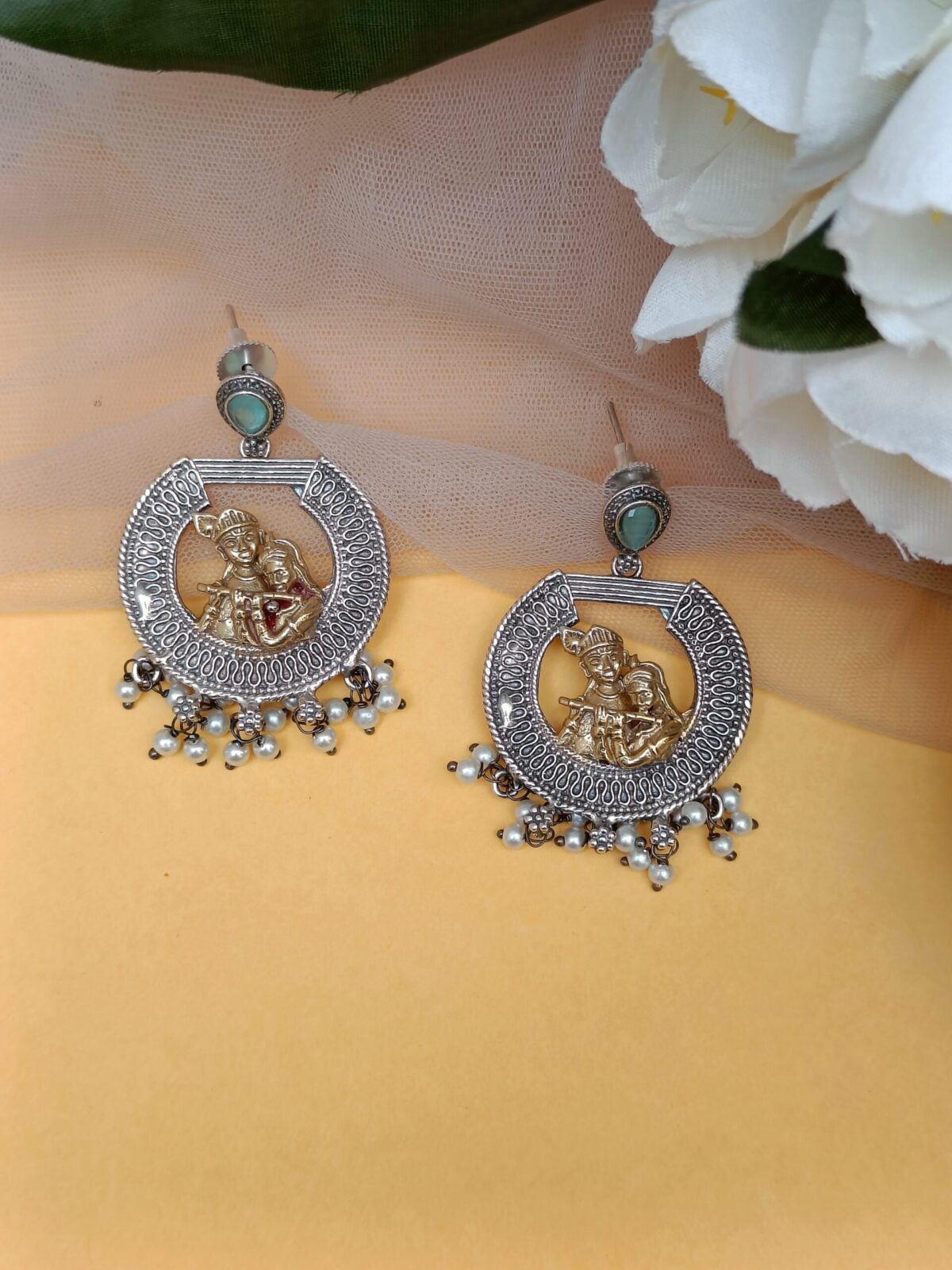 FHF Silver Plated Radha Krishna Chandbali Traditional Earrings