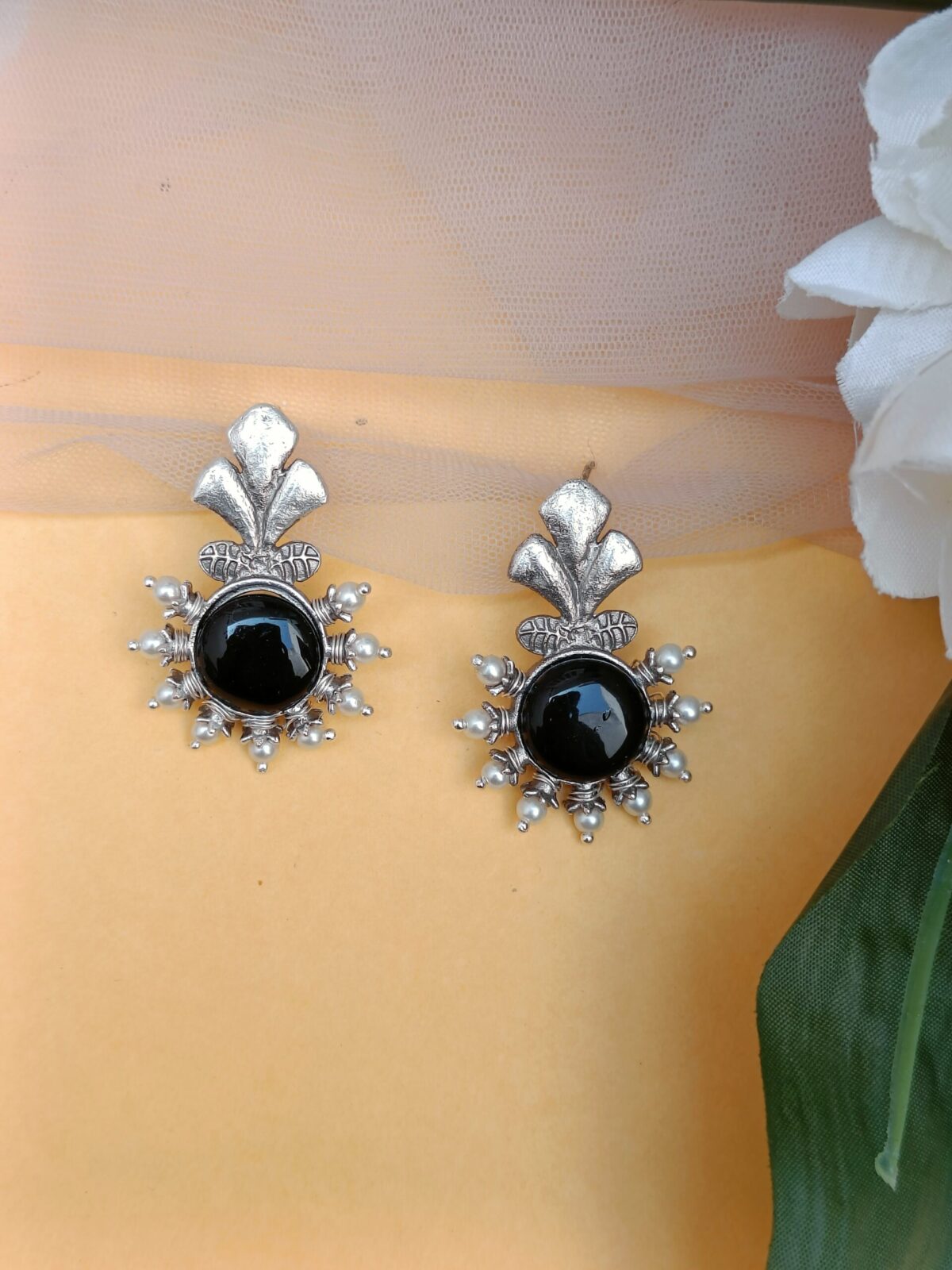 FHF Silver Plated Black Stone Designer Traditional Earrings