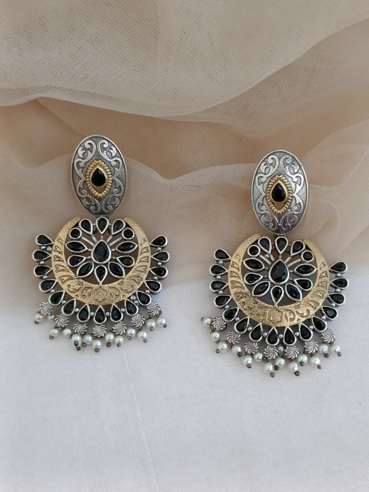 FHF Silver Plated Designer Chandbali Beaded Earrings