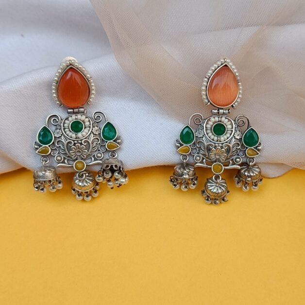 FHF Silver Plated Stone Studded Designer Traditional Earrings