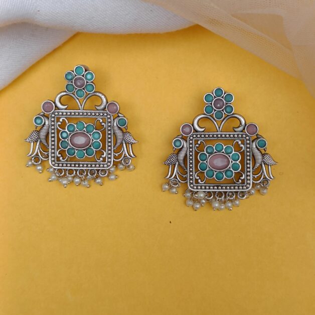 FHF Silver Plated Peacock Designer Square Earrings