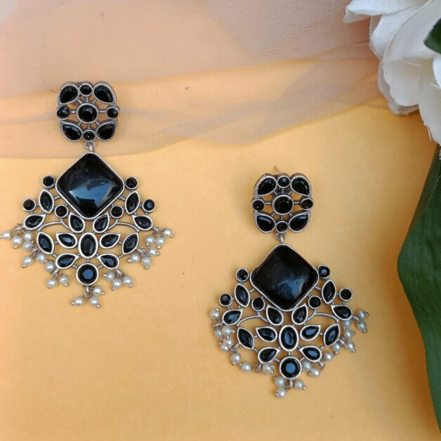 FHF Silver Plated Black Stone Traditional Earrings