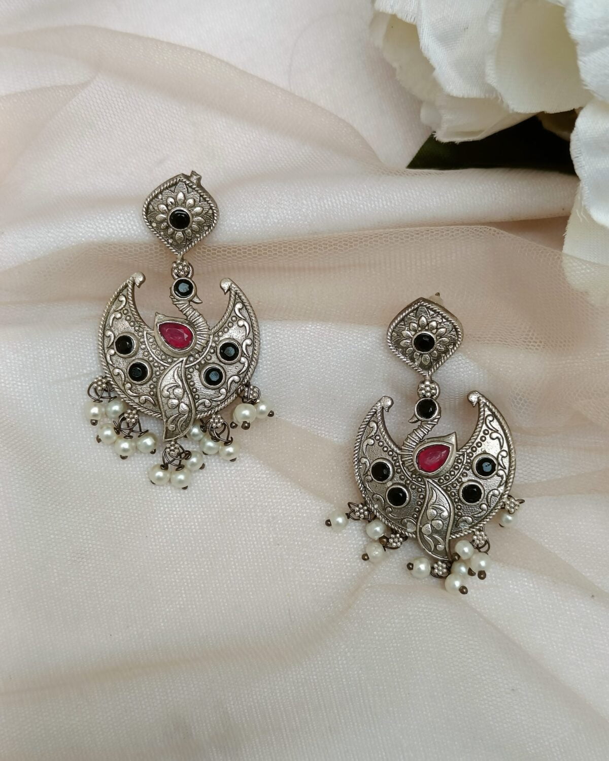 FHF Silver Plated Stone Studded Chandbali Earringas