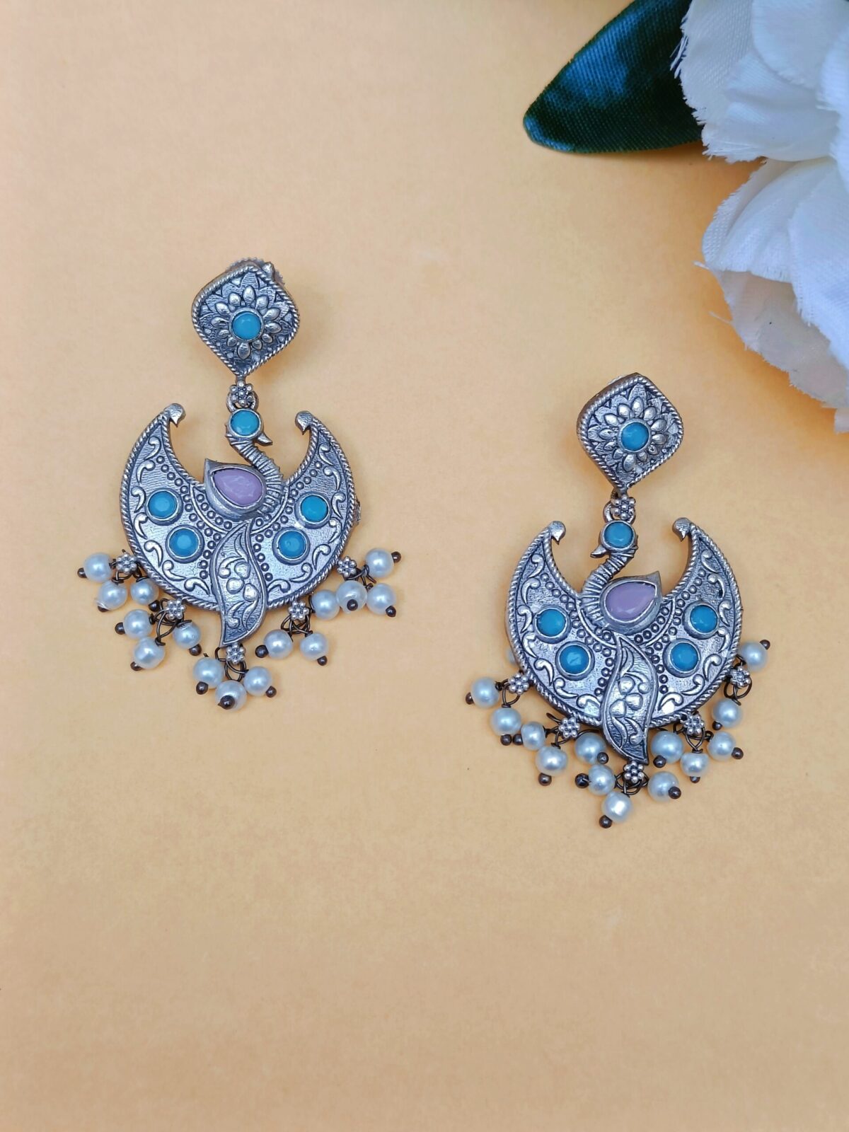 FHF Silver Plated Stone Studded Chandbali Earrings