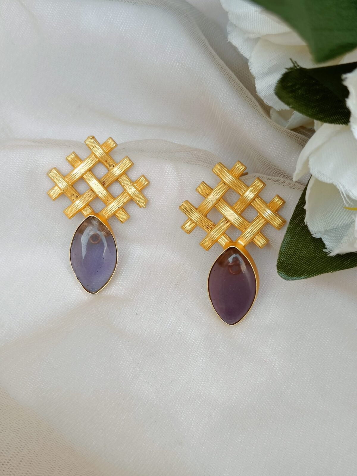 FHF Gold Plated Criss Cross Stone Studded Earrings