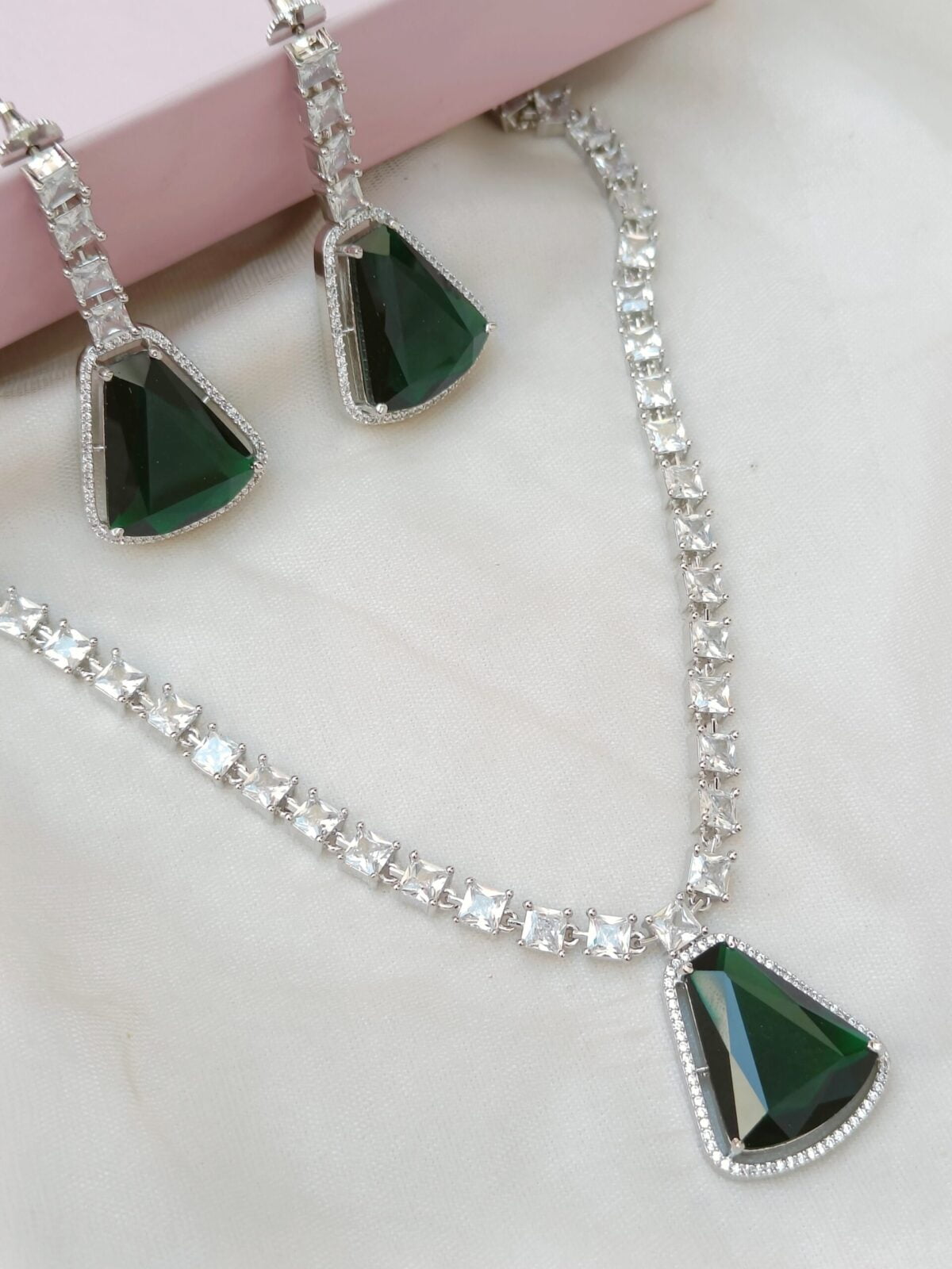 FHF Rhodium Plated  Emerald Green Zirconia Statement Jewellery Set