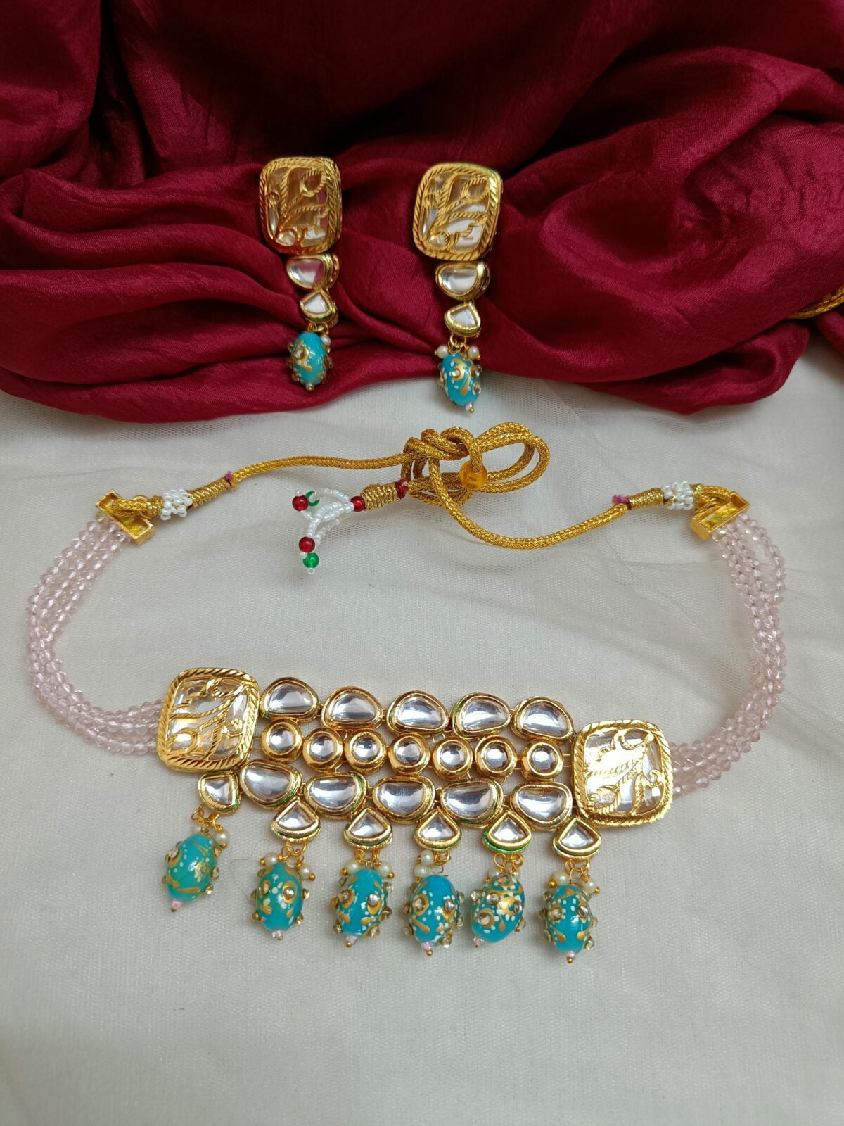 FHF Gold Plated Designer Kundan Beaded Choker Set