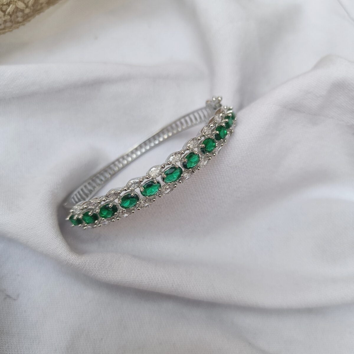 FHF Silver Plated American Diamond Green Zirconia Statement Bracelet
