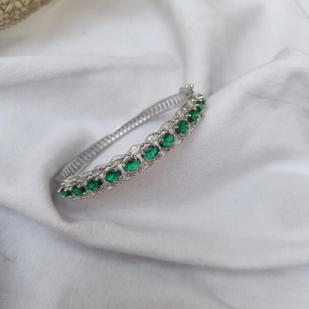FHF Silver Plated American Diamond Green Zirconia Statement Bracelet