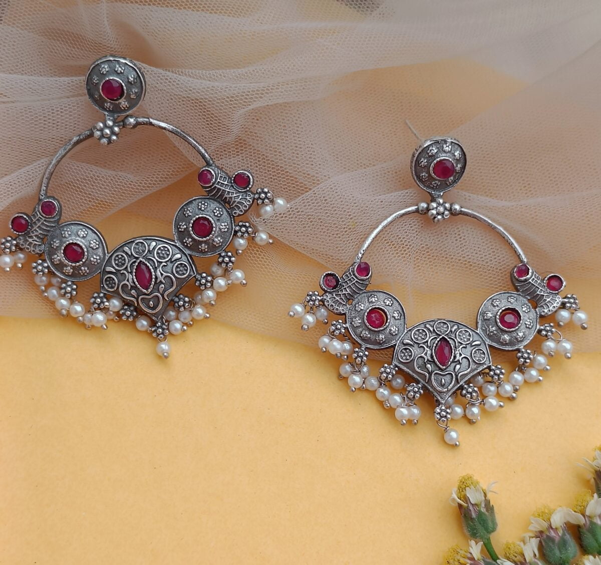 FHF Silver Plated Traditional Chand Bali Earrings