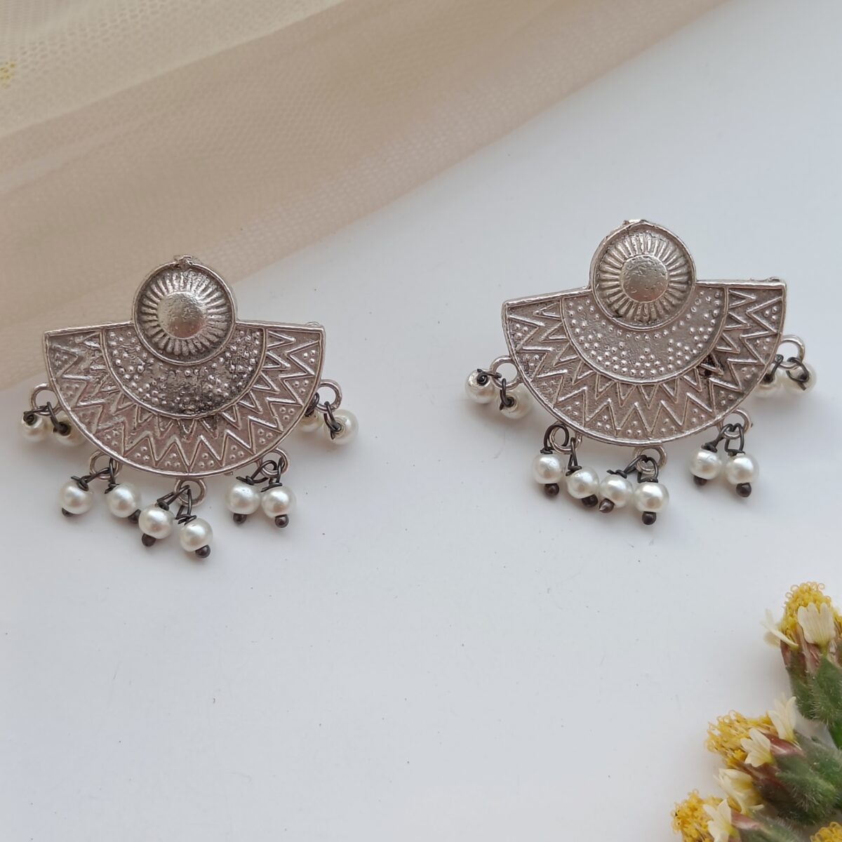 FHF Silver Plated Beaded Chand bail Stud Earrings