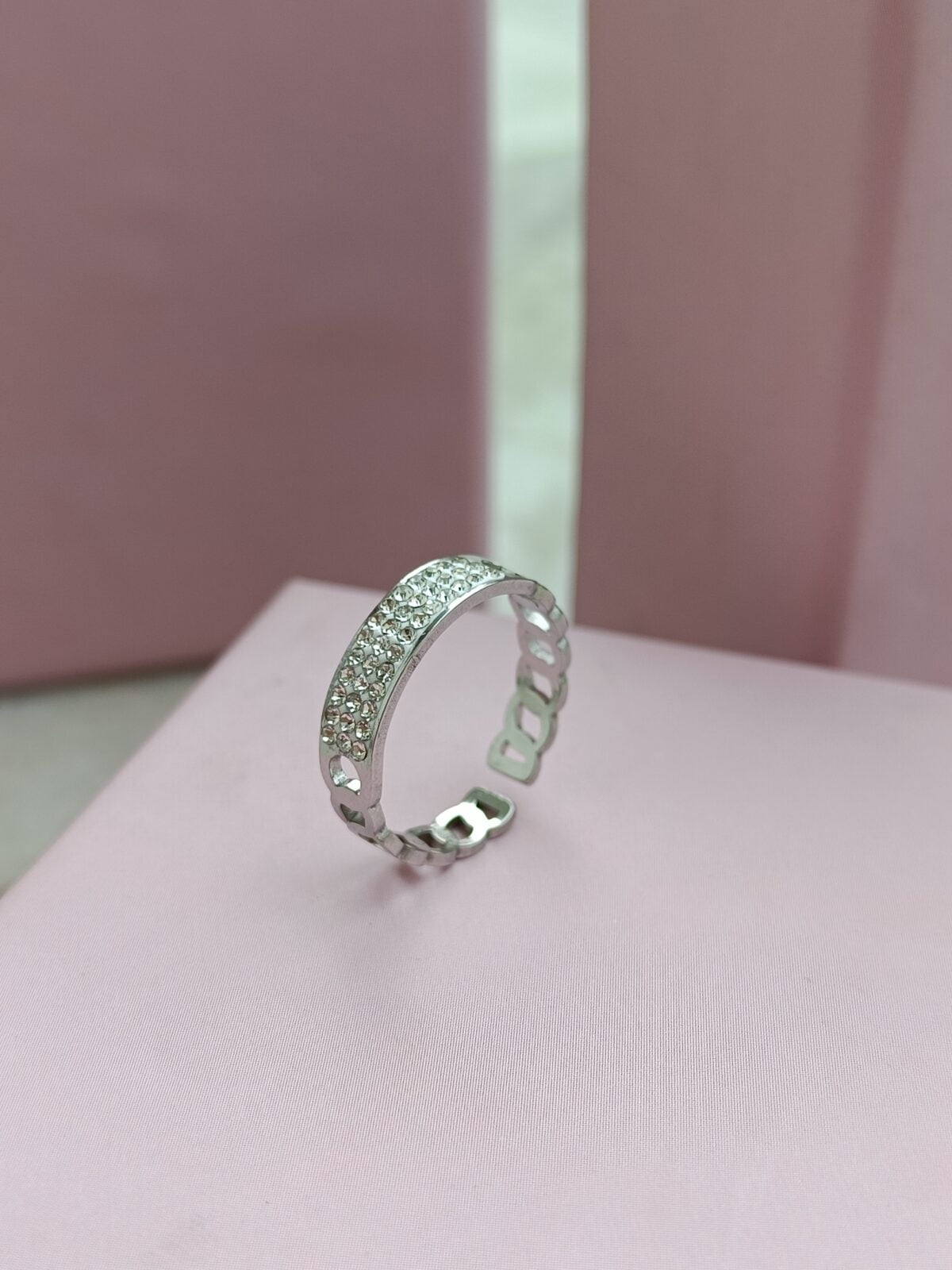 FHF Silver Plated Diamond Studded Adjustable Ring