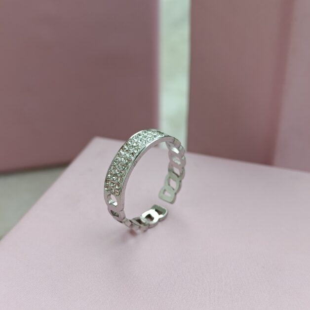FHF Silver Plated Diamond Studded Adjustable Ring