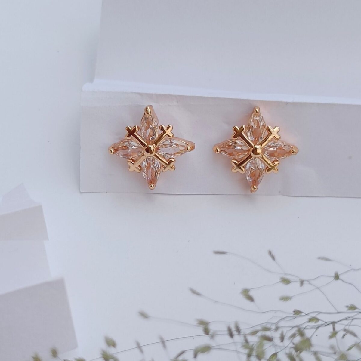 FHF Rose Gold Plated American Diamond Designer Stud Earrings