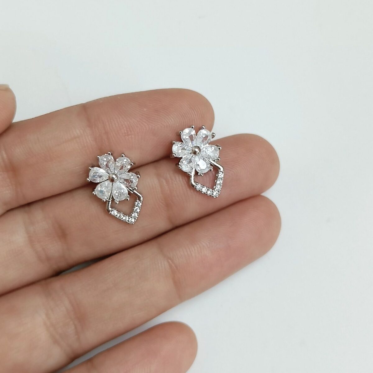 FHF Silver Plated American Diamond Designer Flower Stud Earrings - Image 2