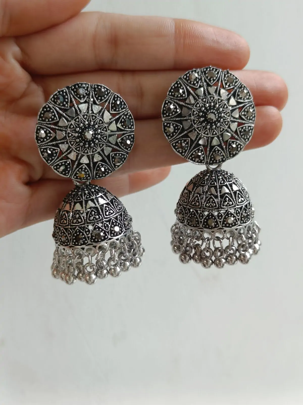 FHF Silver Plated Designer Oxidised Jhumka Earrings - Image 2