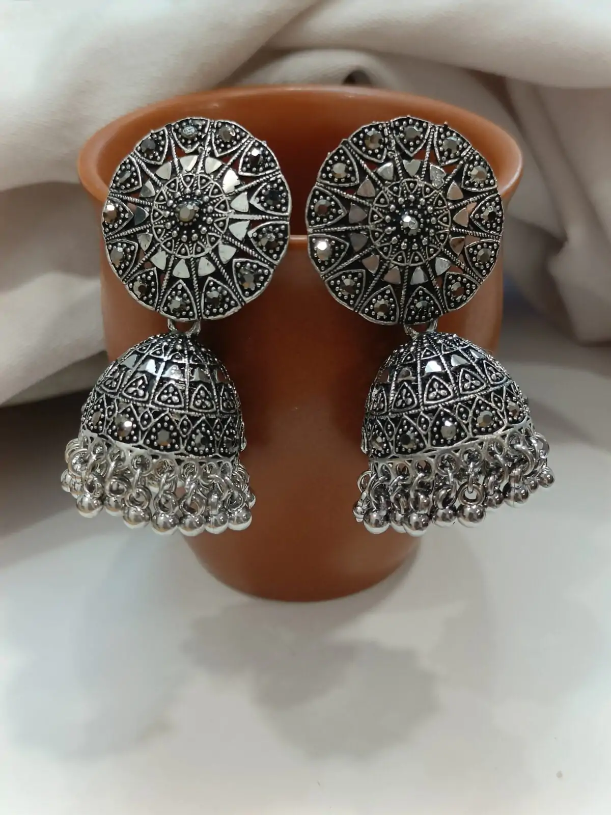 FHF Silver Plated Designer Oxidised Jhumka Earrings