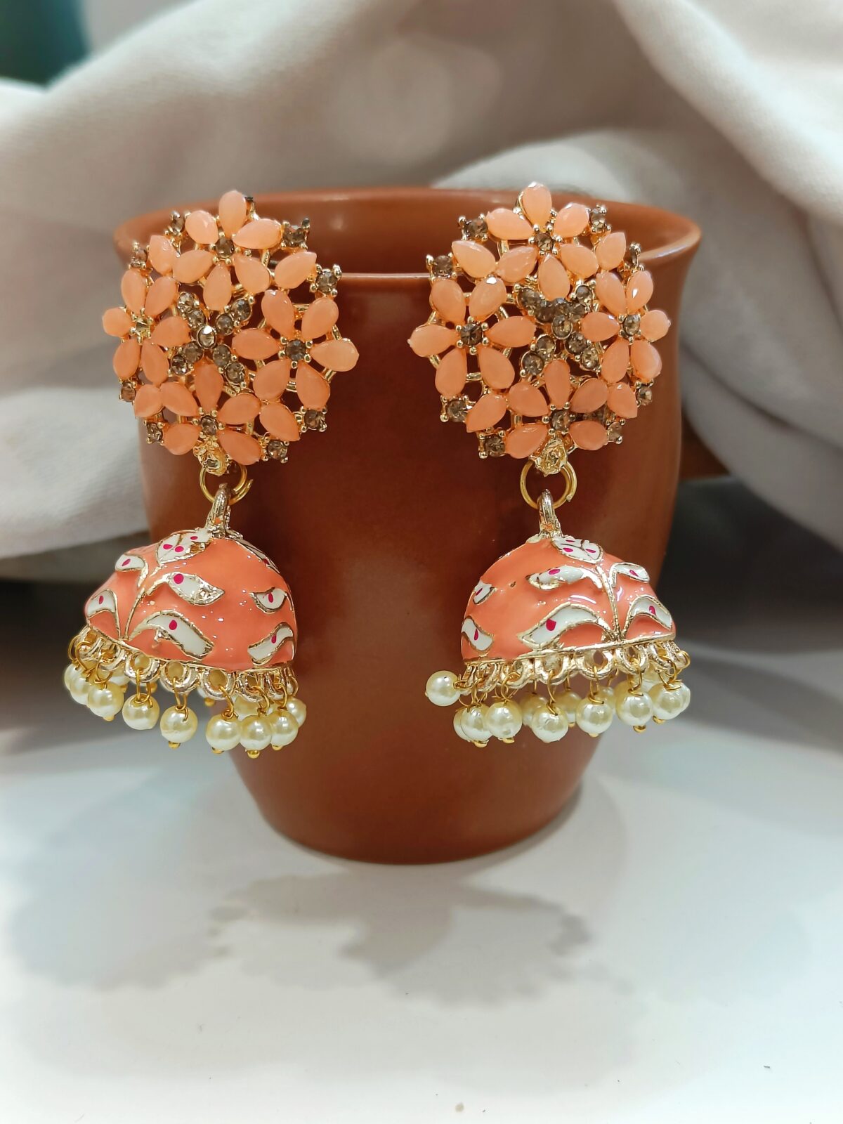 FHF Gold Plated Designer Meenakari Jhumka Earrings