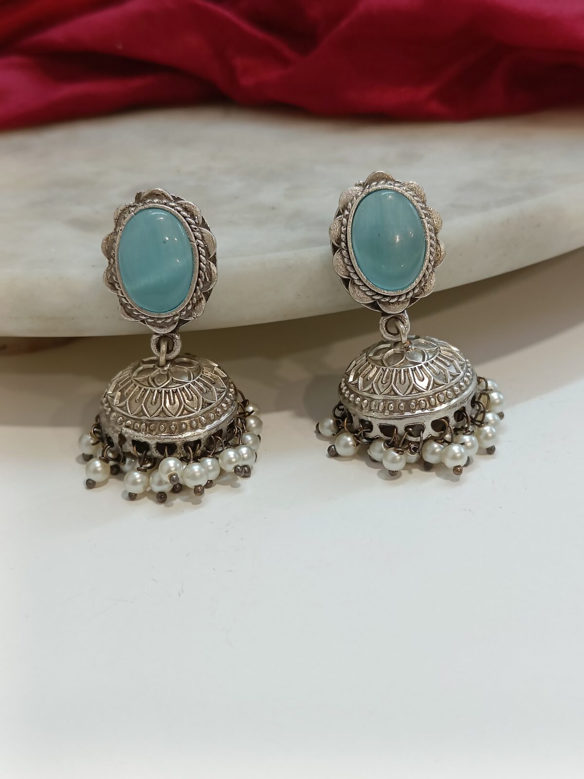 FHF Silver Plated Designer Stone Studded Jhumka