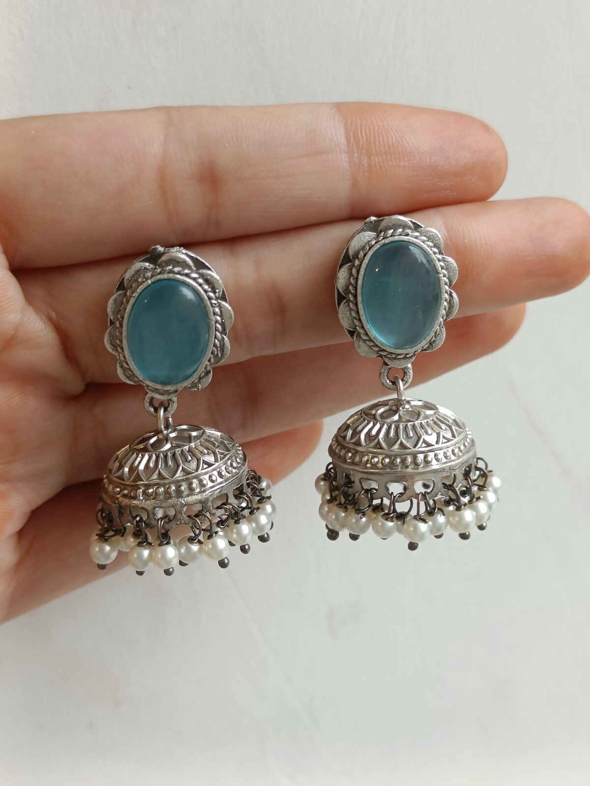 FHF Silver Plated Designer Stone Studded Jhumka - Image 2